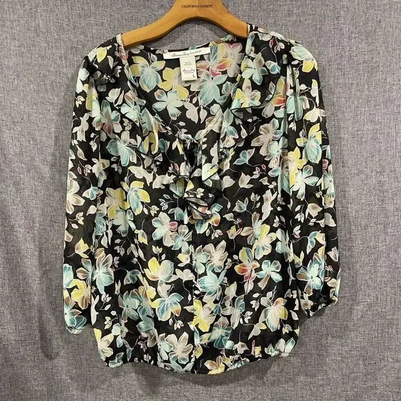 American Rag Women Sz L Black Sheer Floral Bouse Round Tie Neck Balloon Sleeve - Picture 1 of 11